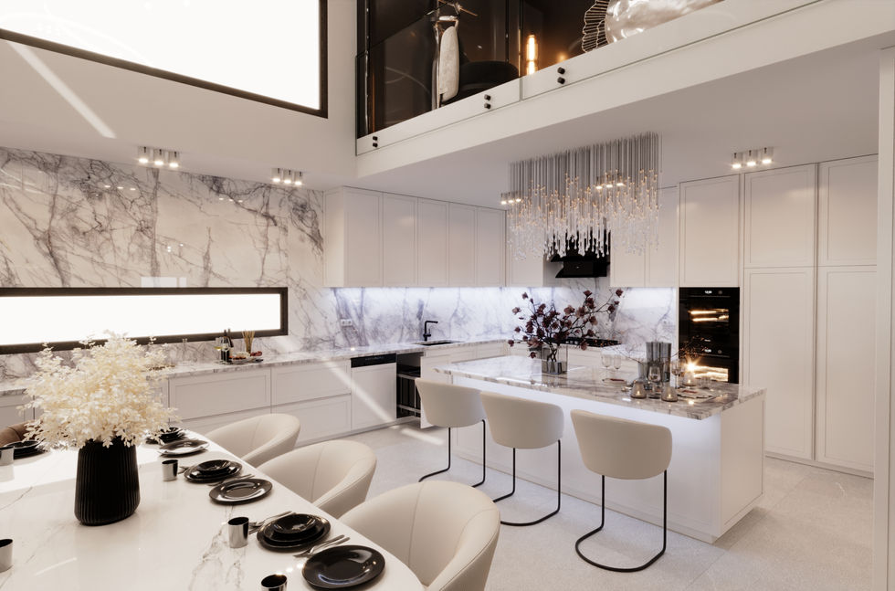 Sophisticated accessible kitchen in Lane Cove featuring a marble waterfall island bench, integrated appliances, and custom backlit splash back with natural veining. The open void above allows natural light to flood the space, highlighting sleek cabinetry and a sculptural glass chandelier.