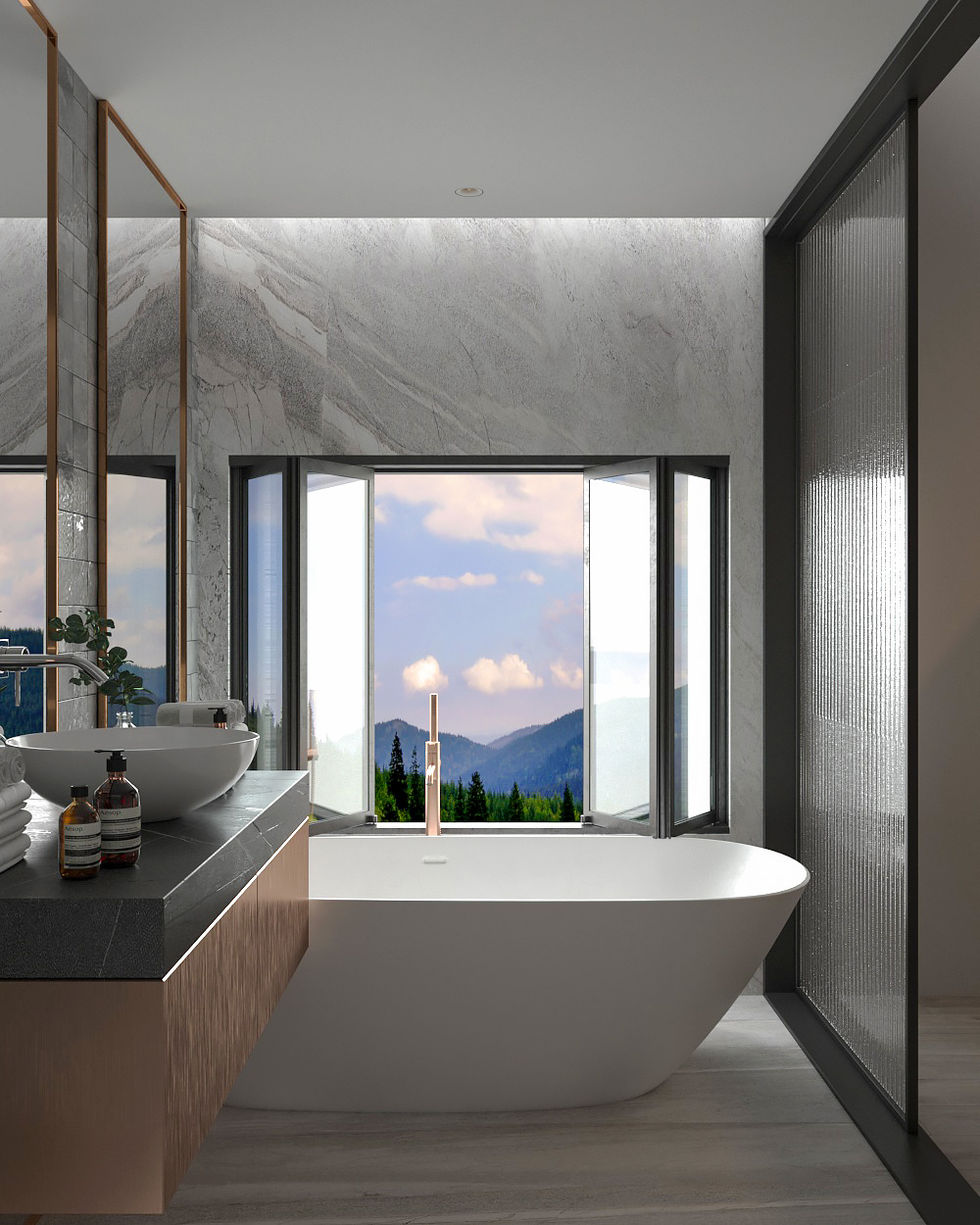 Modern master ensuite with double vanity basins, floor-to-ceiling mirrors, copper accents, walk-in glass shower, and illuminated wardrobe – high-end minimalist interior.