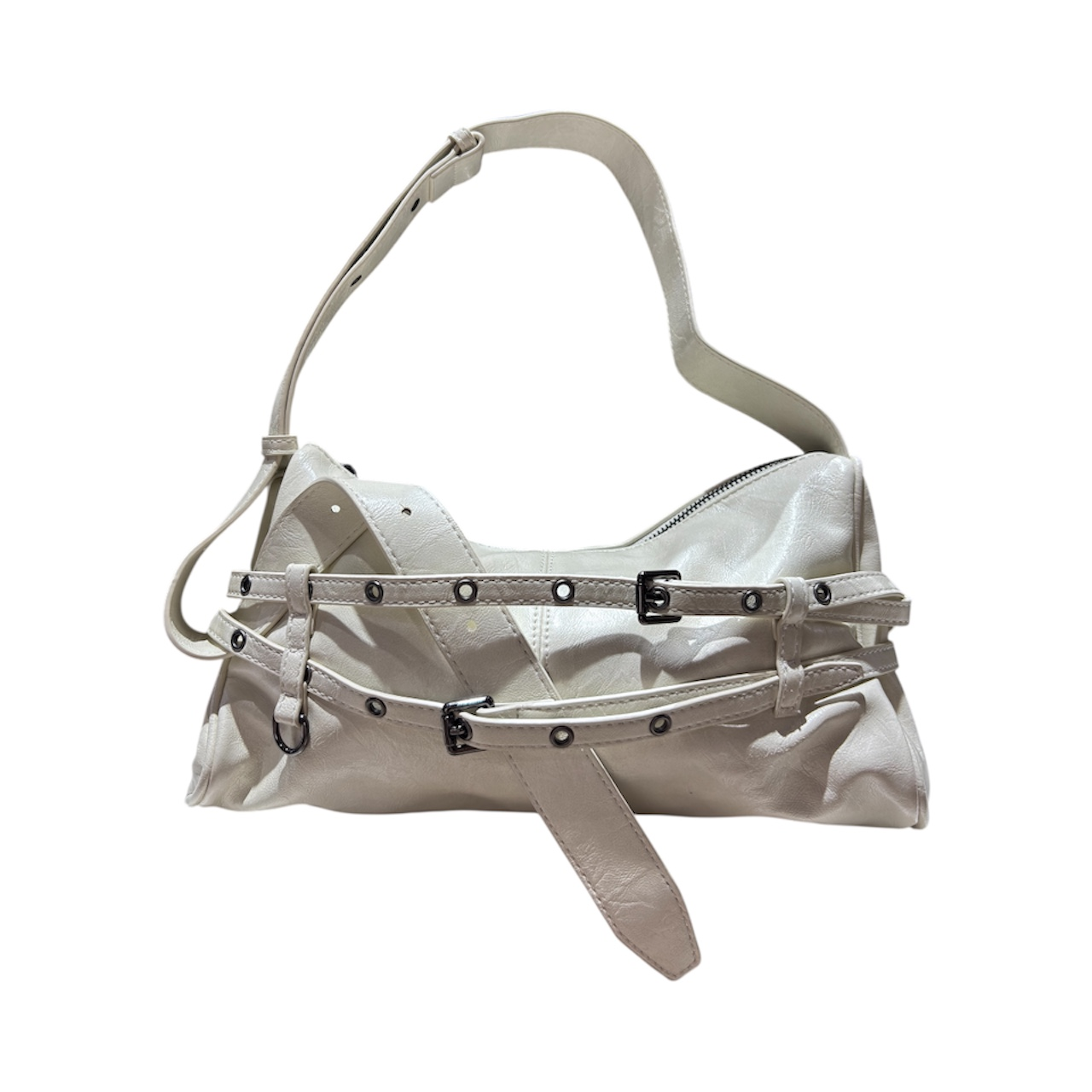 Bolso de Hombro Estilo "Multi-Belt" en Piel Sintética Brillante Arena