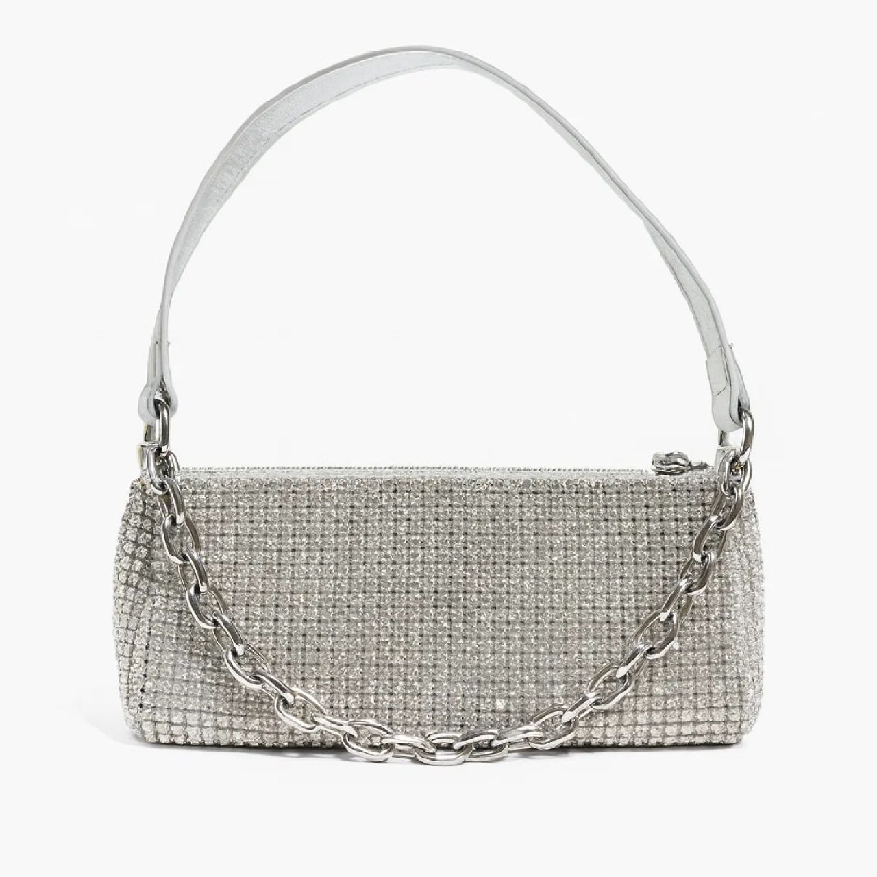 Bolso de Hombro Estilo Baguette con Pedrería y Detalle de Cadena Plateada