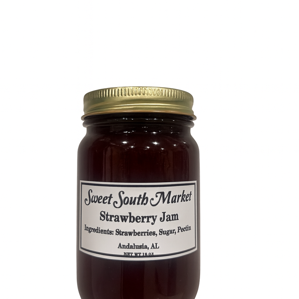 Sweet South Market Strawberry Jam jar with ingredients listed; delicious treat. Sweet South