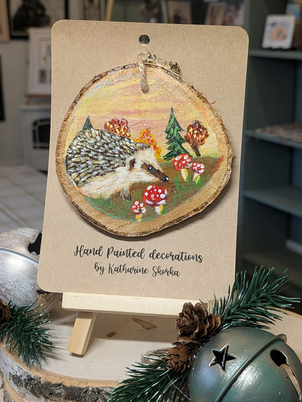 Hand Painted Wood Slice Decoration, Hedgehog Bramble