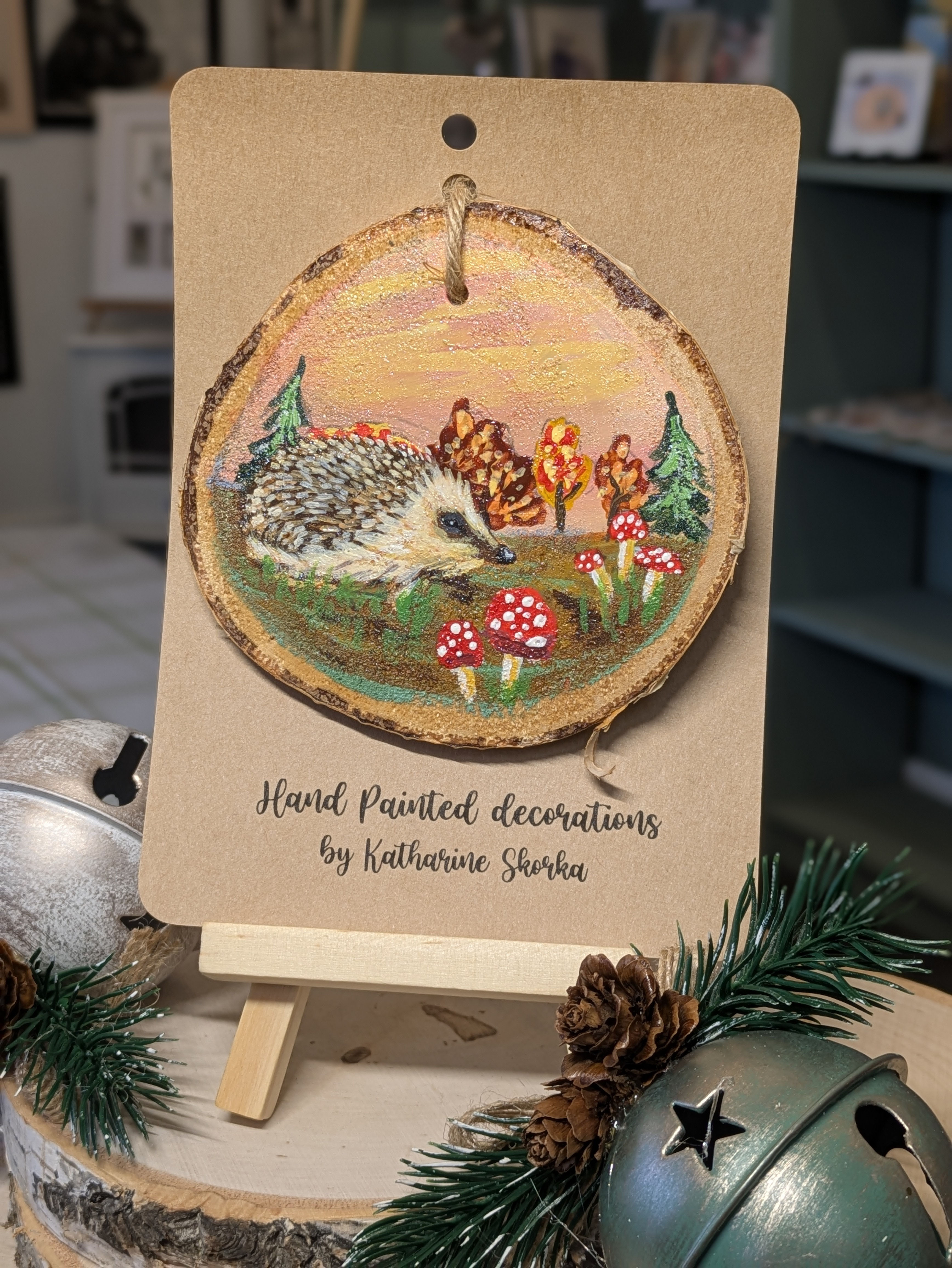 Hand Painted Wood Slice Decoration, Hedgehog Nettle