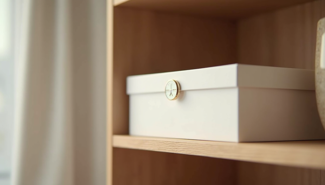 Close-up view of a minimalist organizer box on a wooden shelf