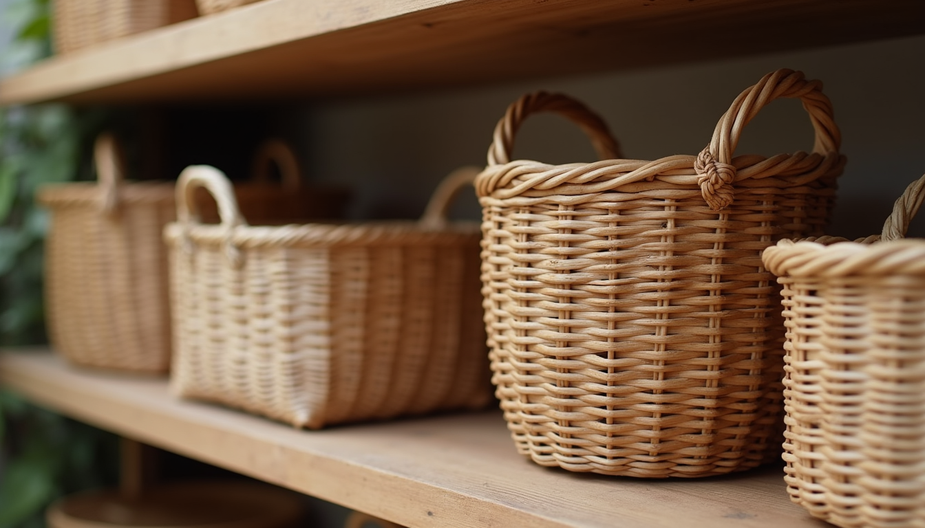 Close-up view of decorative woven baskets on wooden shelf