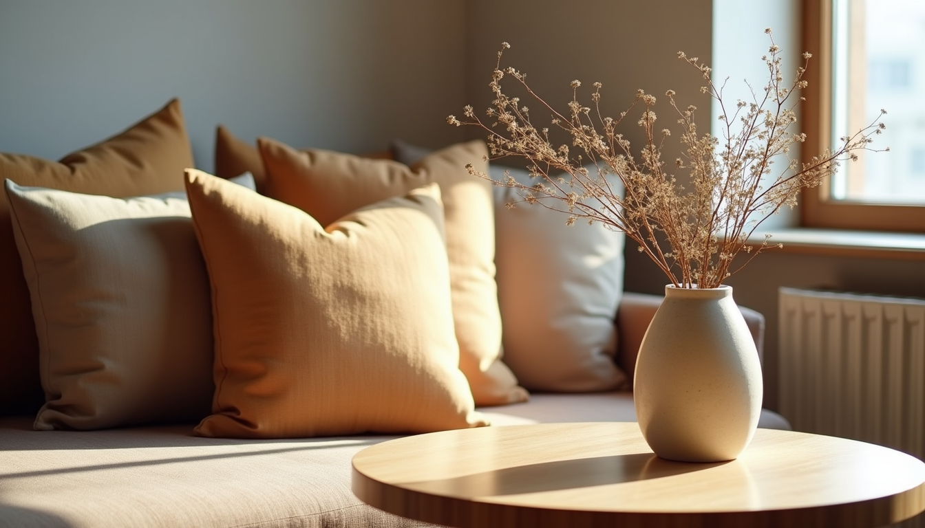 Close-up view of decorative cushions and a stylish vase on a wooden table