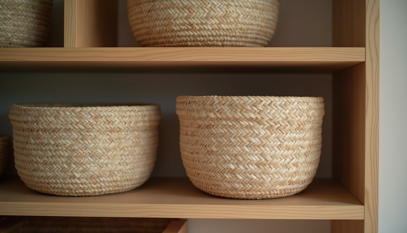 Close-up view of neatly arranged decorative boxes and baskets on a wooden shelf
