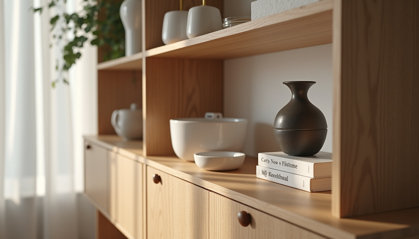 Close-up view of elegant wooden shelf with minimalist decor items