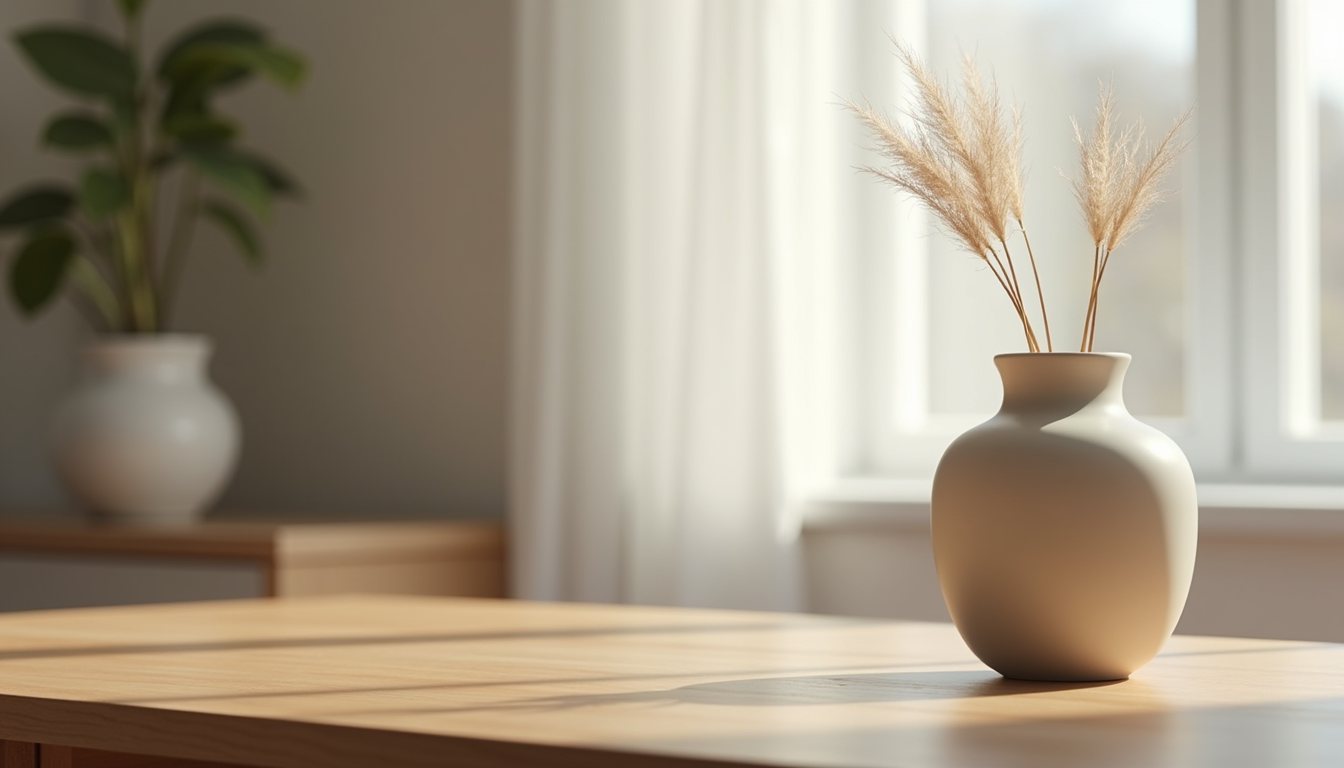 Close-up view of a minimalist ceramic vase on a wooden table