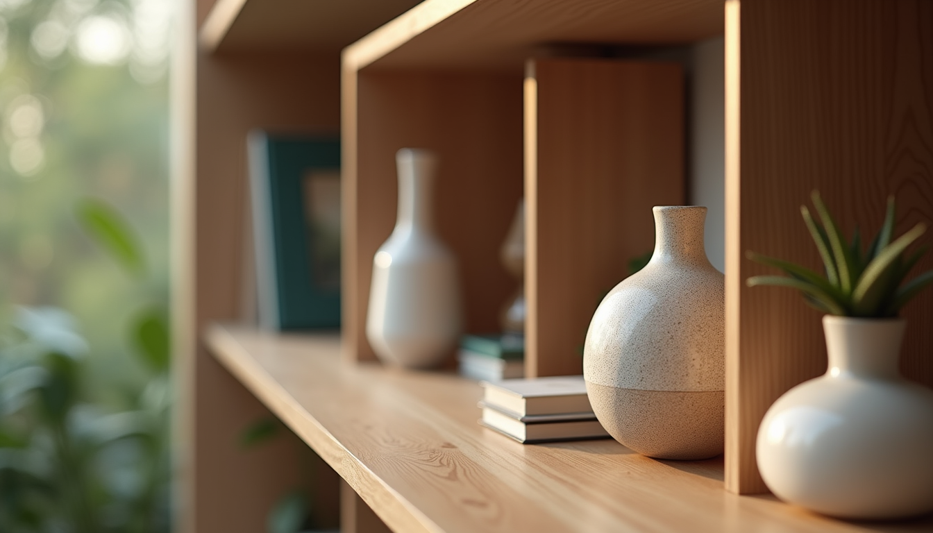 Close-up view of a modern wooden shelf with decorative items