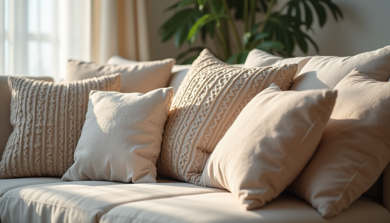 close-up of decorative cushions with soft textures on a sofa