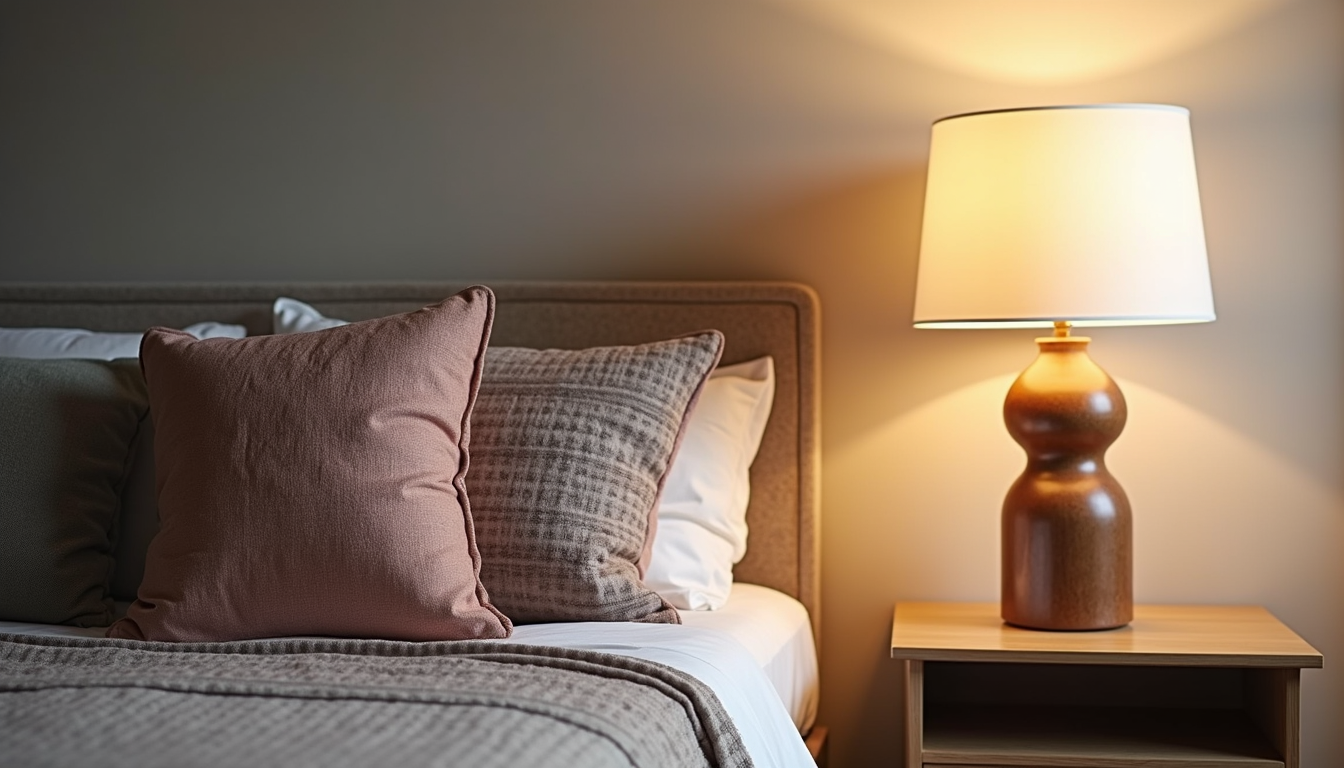 Close-up view of decorative cushions and a modern lamp on a wooden side table