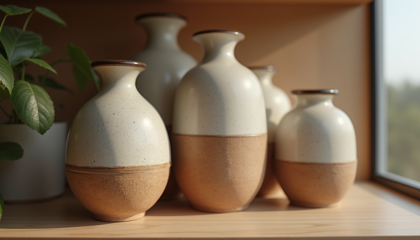Close-up view of decorative ceramic vases on a wooden shelf