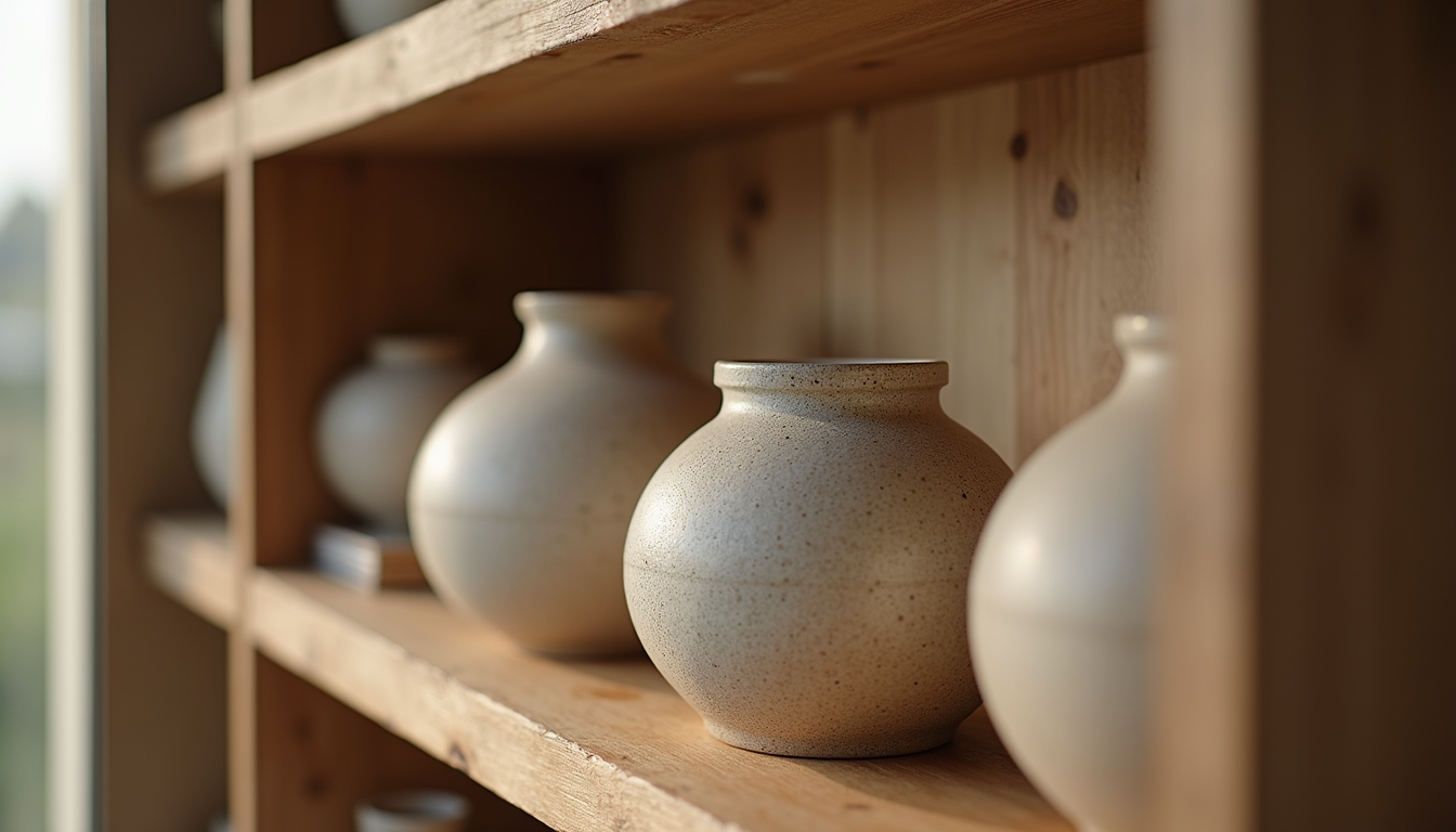 Close-up view of decorative ceramic vases on a wooden shelf