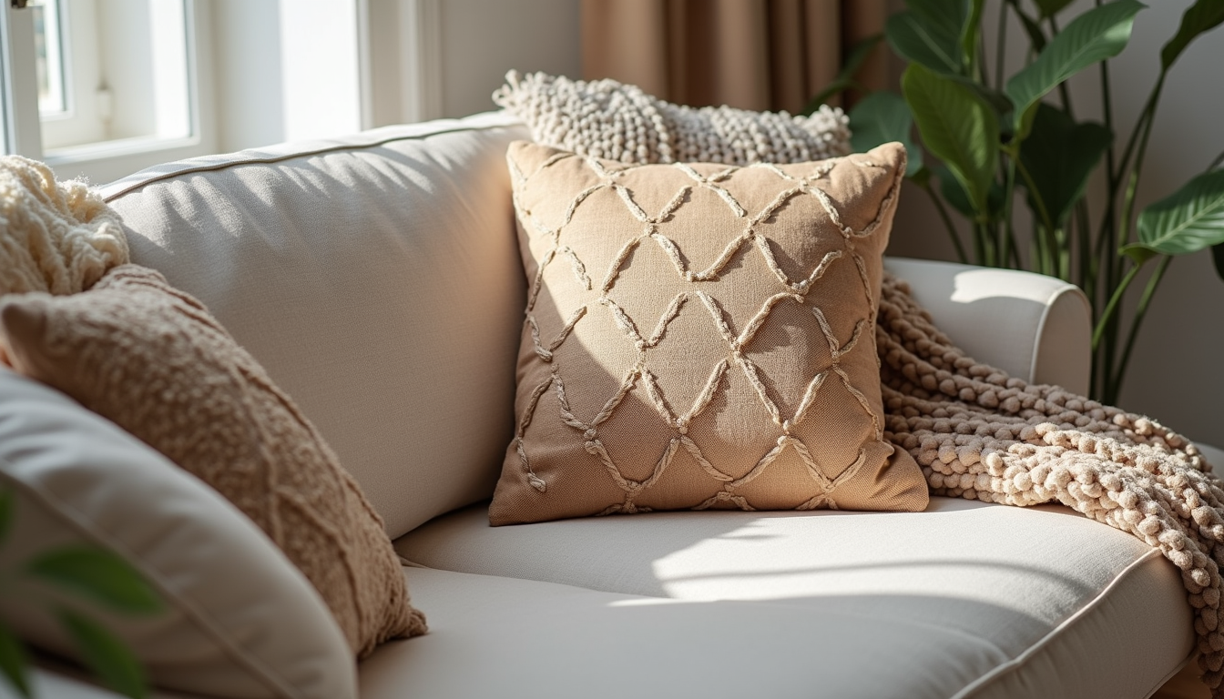 Close-up view of decorative cushions and a cozy throw on a sofa