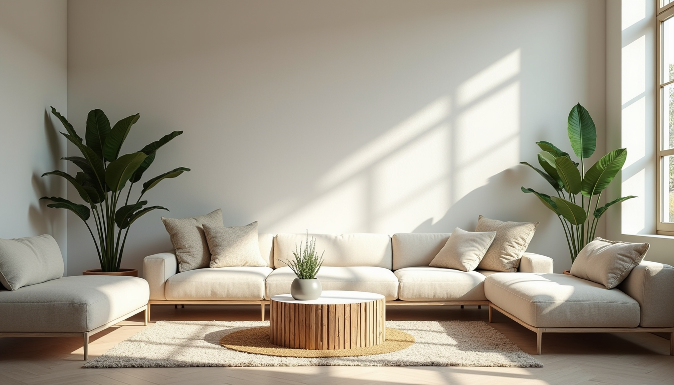 Eye-level view de sala de estar com decoração minimalista e plantas