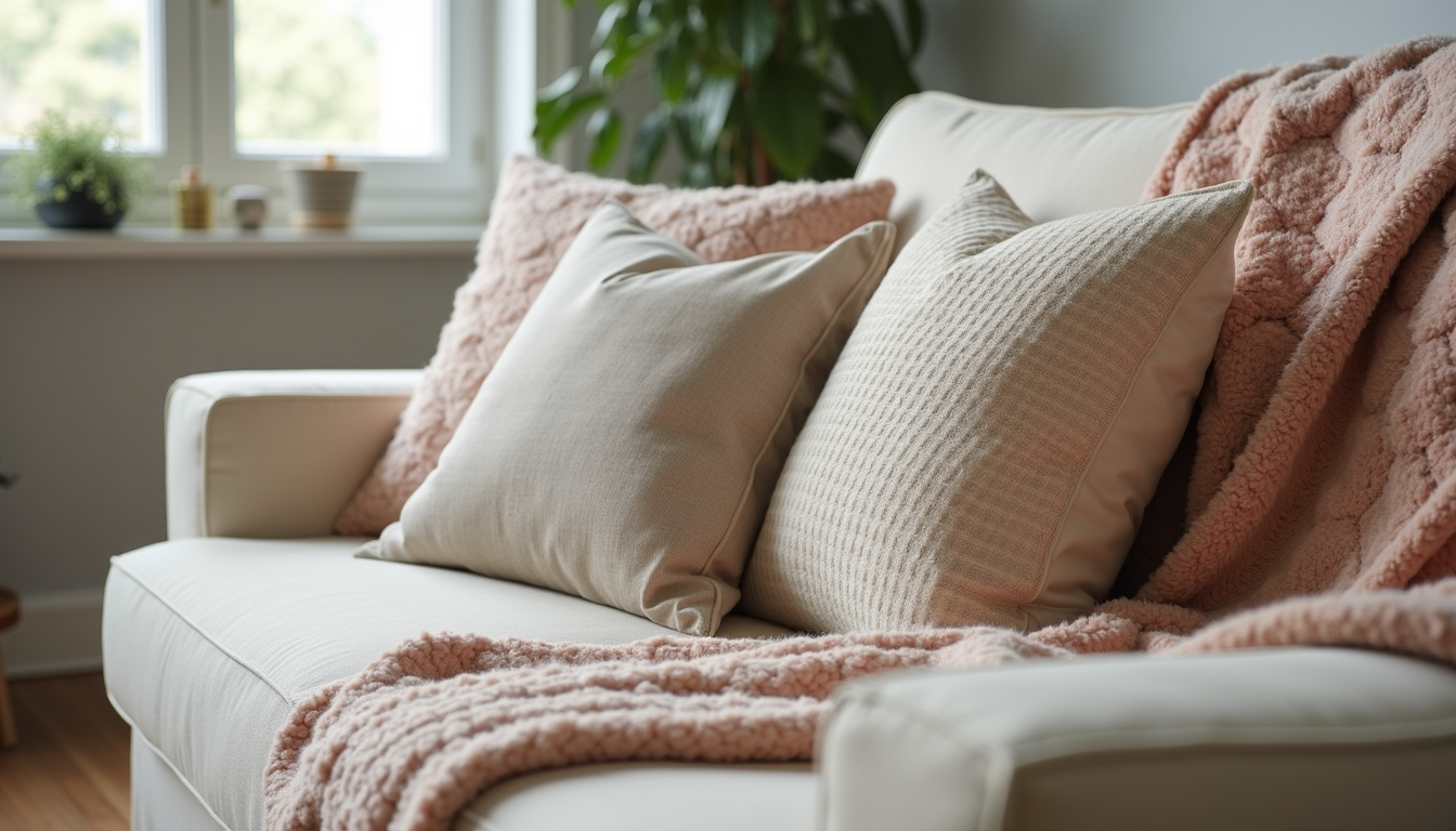 Close-up view of decorative cushions and a soft throw on a cozy sofa