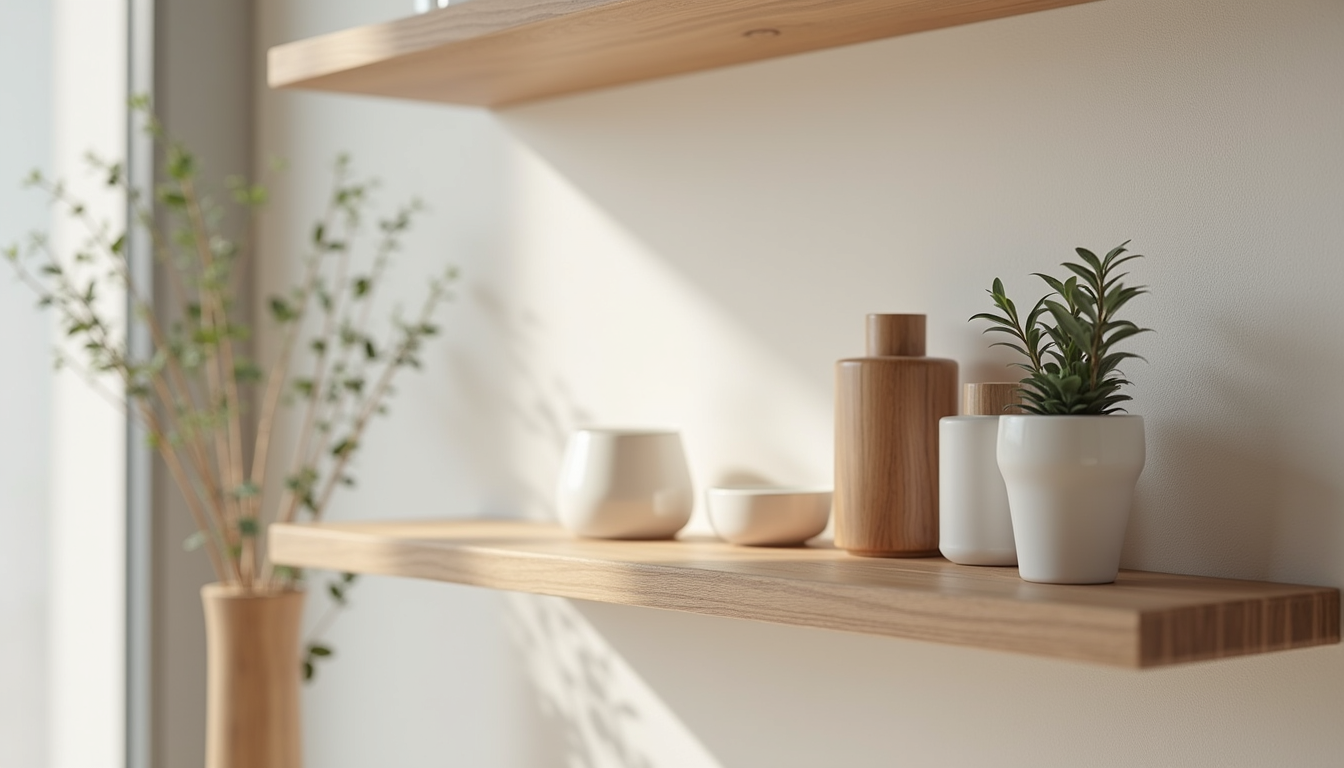Close-up view of a minimalist wooden shelf with simple decorative items