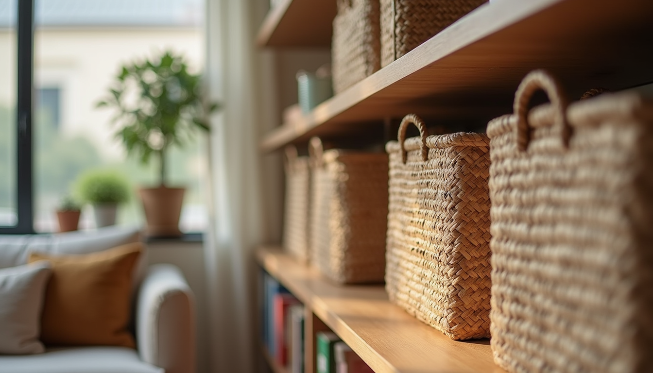 Close-up view of decorative baskets and organized shelves in living room