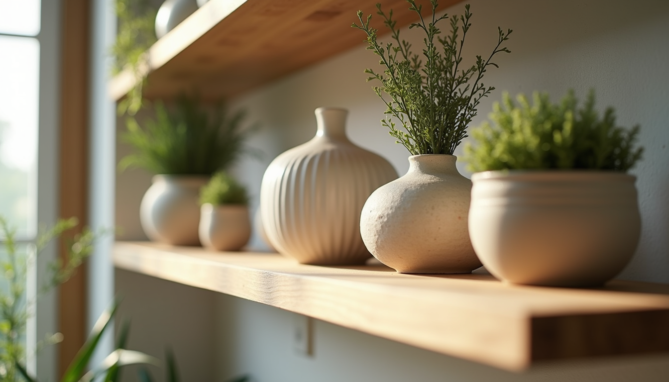 Close-up view of decorative vases and plants on a wooden shelf