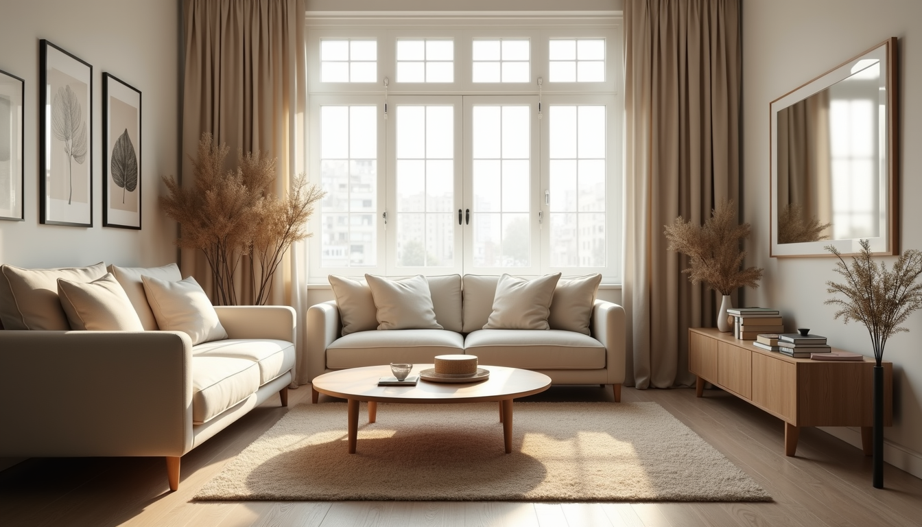 Eye-level view of a cozy living room with minimalist furniture and soft lighting
