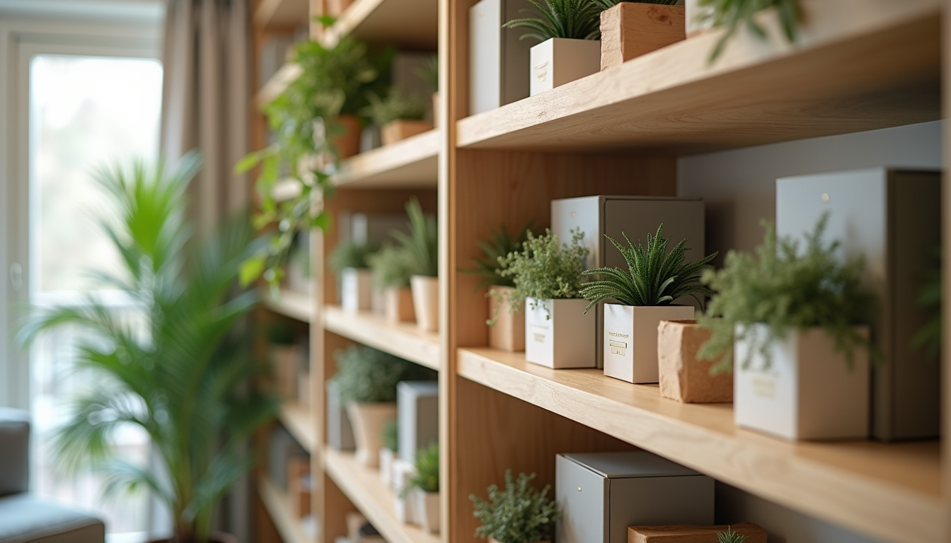 Close-up view of neatly organized shelves with decorative boxes and plants