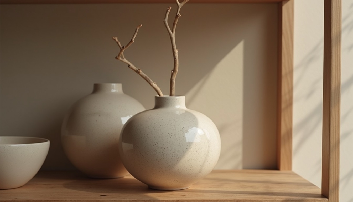 Close-up view of a handmade ceramic vase on a wooden shelf