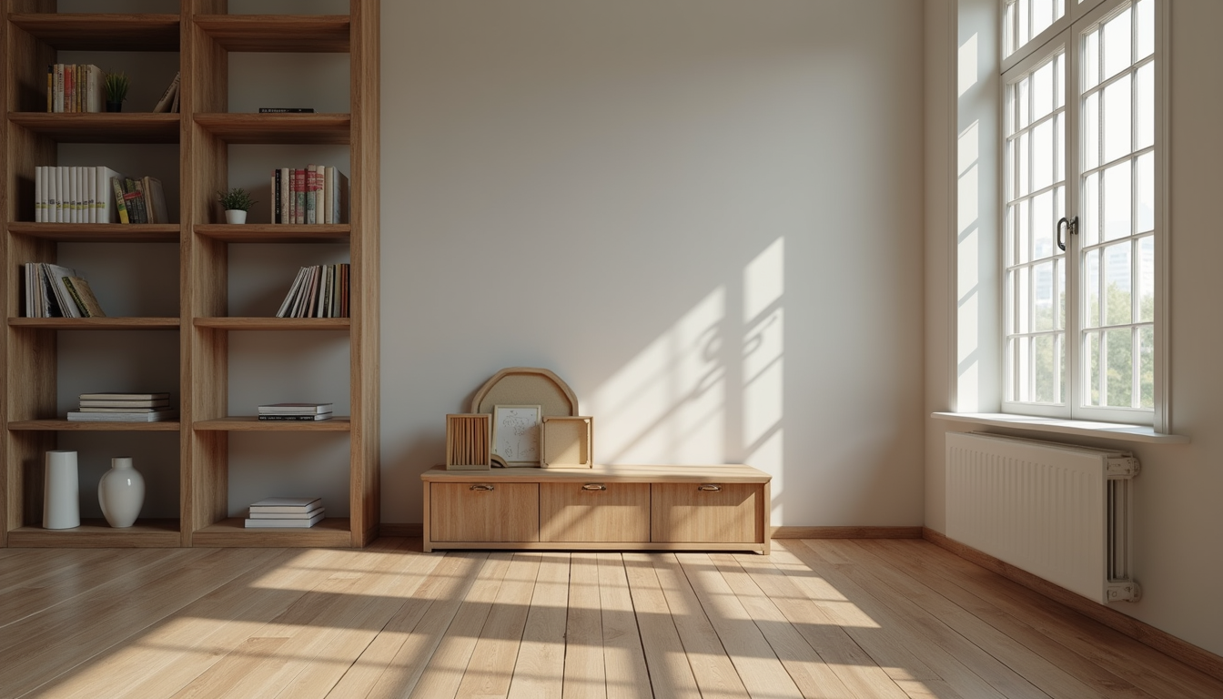 Eye-level view de prateleira suspensa com livros e objetos decorativos