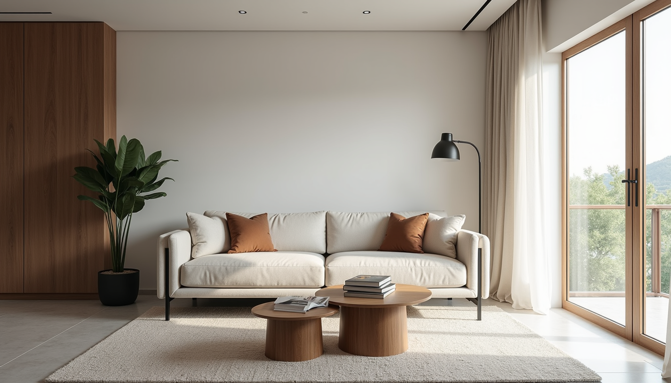 Eye-level view de sala de estar com decoração minimalista e elegante