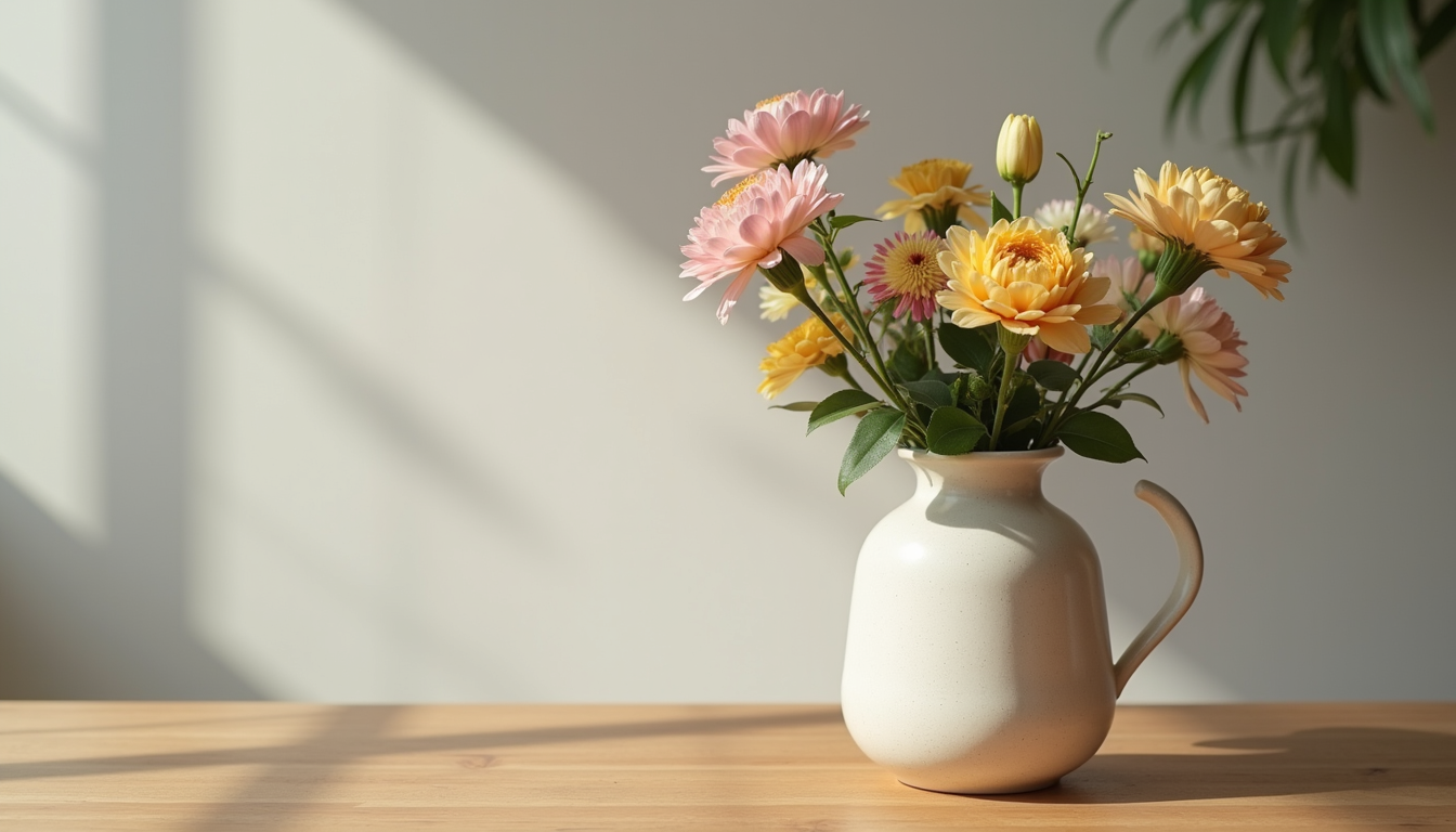 Close-up of a minimalist ceramic vase with fresh flowers on a wooden table