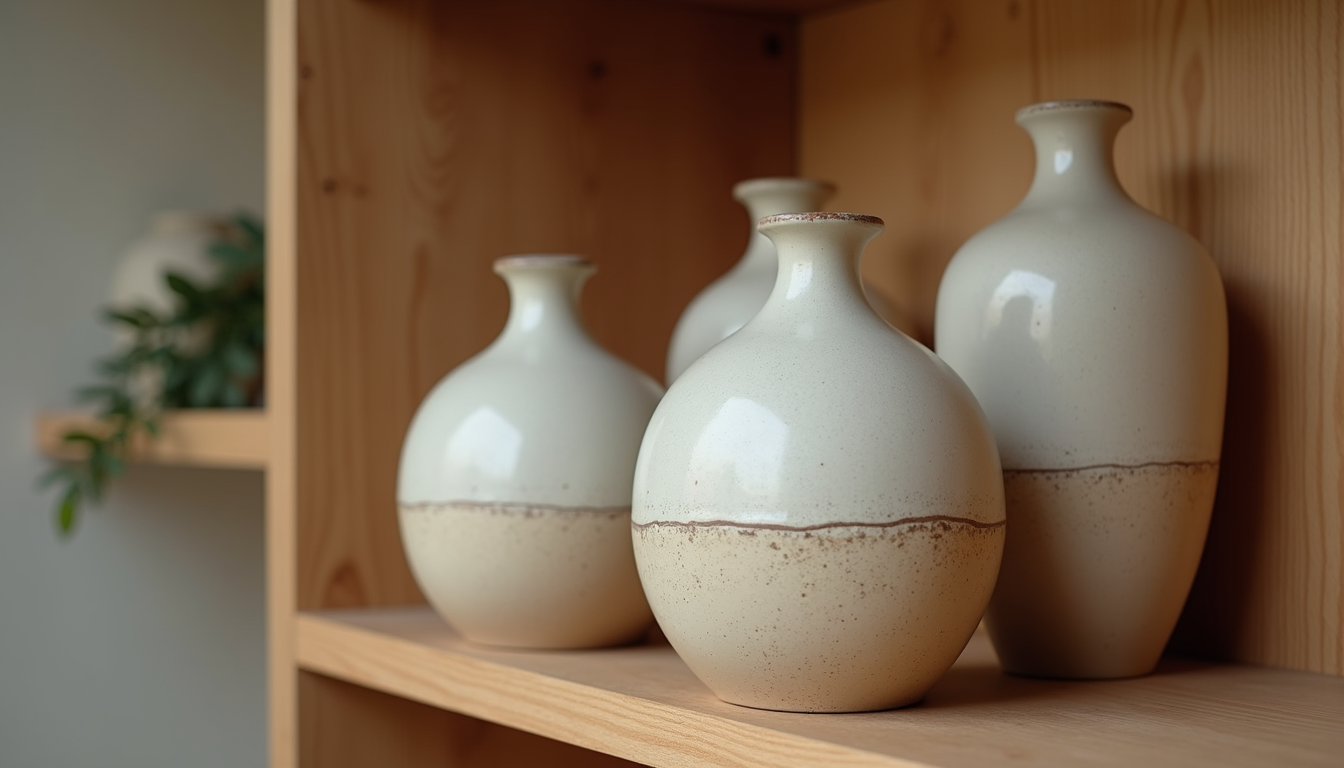 Close-up view of handcrafted ceramic vases on a wooden shelf