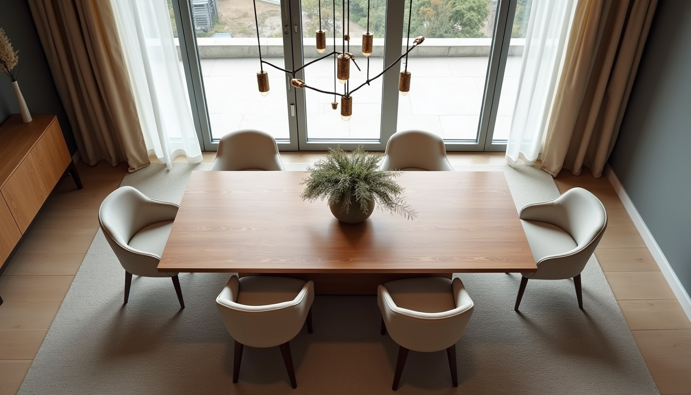 High angle view of a modern dining table set with elegant chairs and decorative centerpiece
