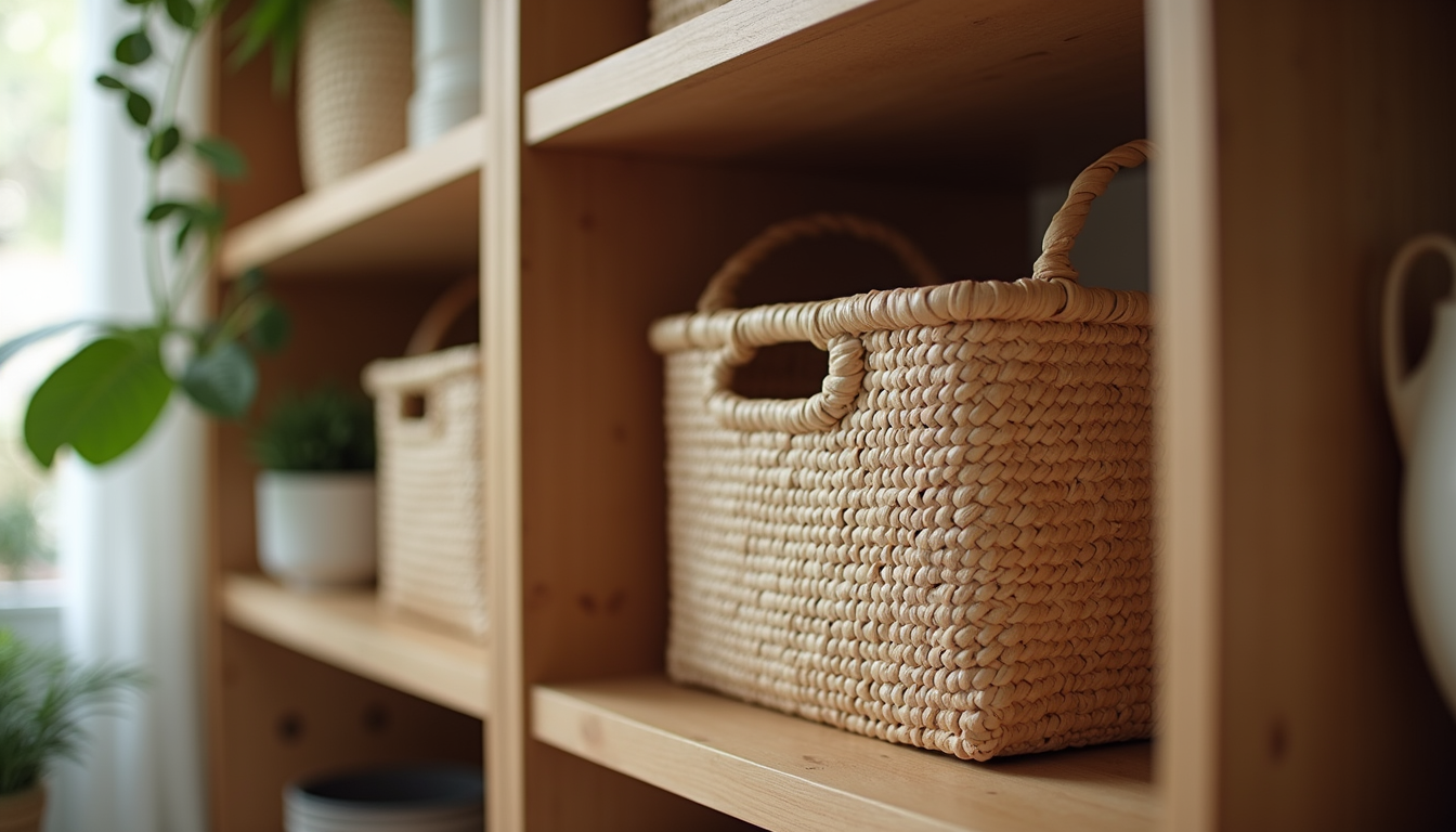 Close-up of decorative storage baskets on wooden shelf