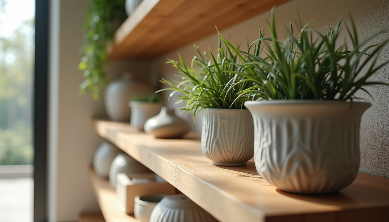 Close-up view of decorative vases and plants on a wooden shelf