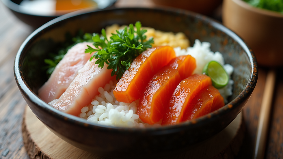 Close-up view of a traditional Hawaiian poke bowl with fresh fish and seaweed