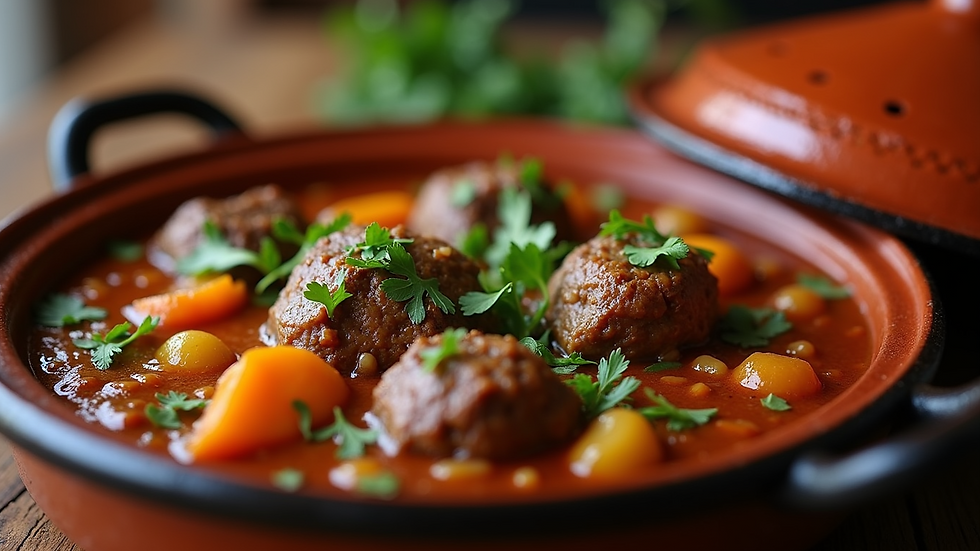 Close-up view of a traditional Moroccan tagine with lamb and vegetables
