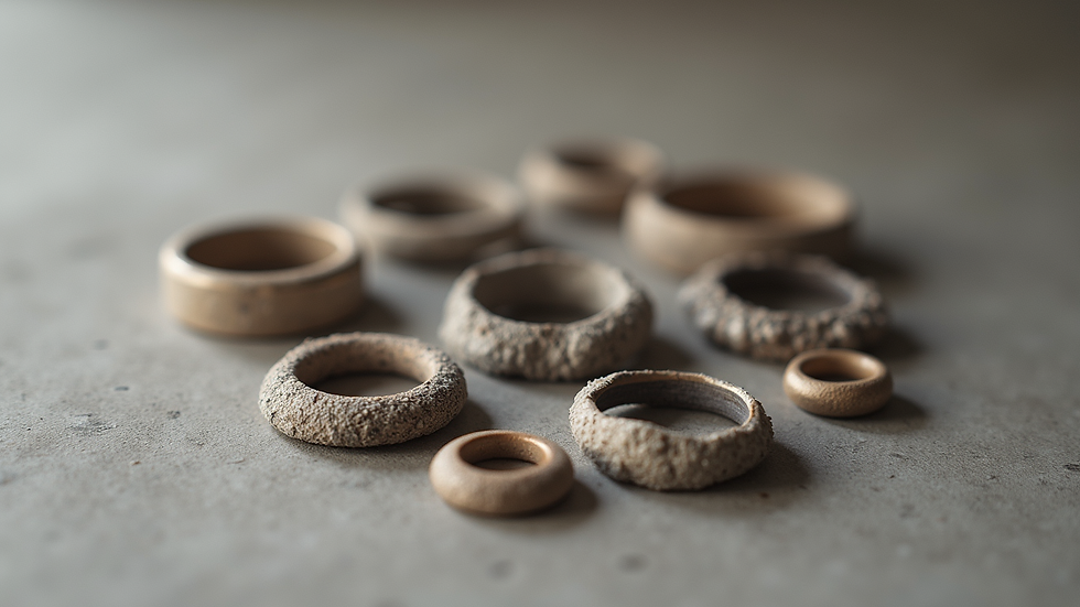 Eye-level view of a collection of minimalist rings with varied textures