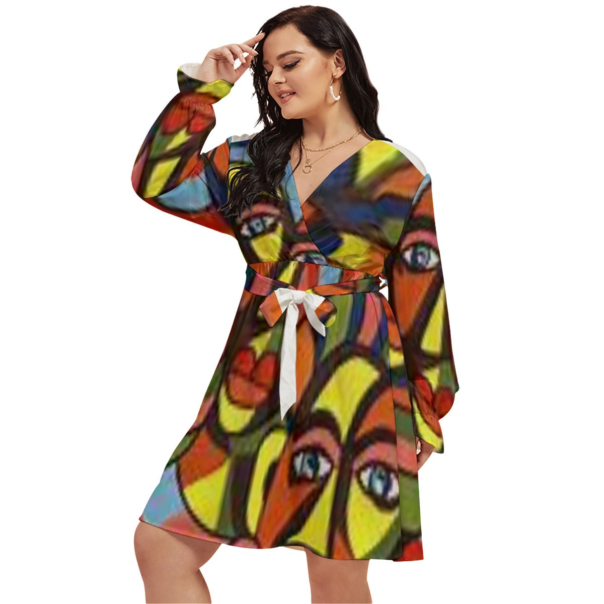 All-Over Print Women's V-neck Dress With Waistband(Plus Size)