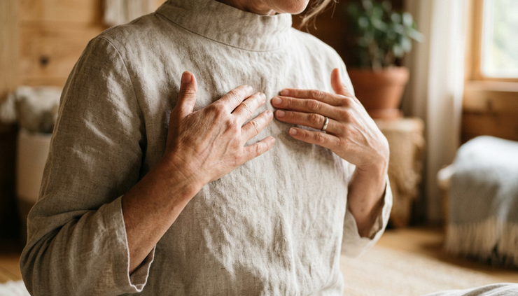 Close-up view of hands gently tapping the upper chest during qigong.