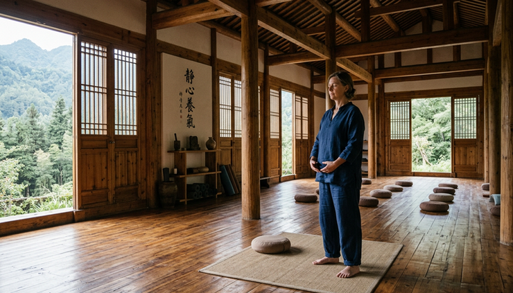 Wide-angle view of a quiet tai chi practice space with soft morning light.