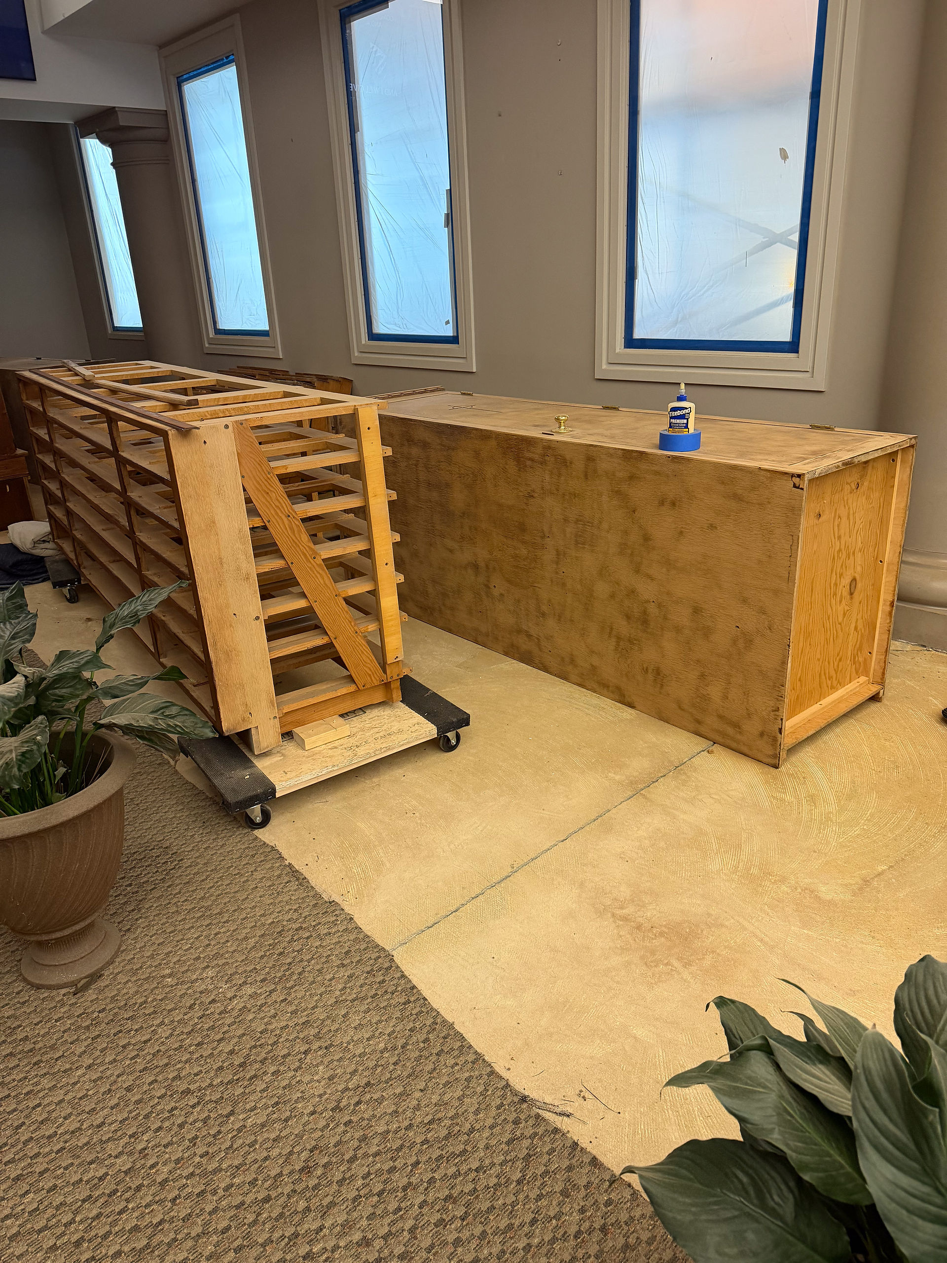 Cabinets from the Working Sacristy are stripped and staining has begun.