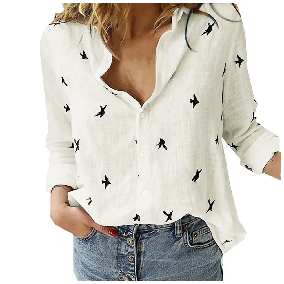 Miniatura: Korean Fashion Blue Pink Lapel Shirt Women'S Summer Thin Cool Cotton Linen Shirt