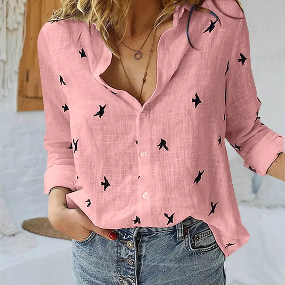 Miniatura: Korean Fashion Blue Pink Lapel Shirt Women'S Summer Thin Cool Cotton Linen Shirt