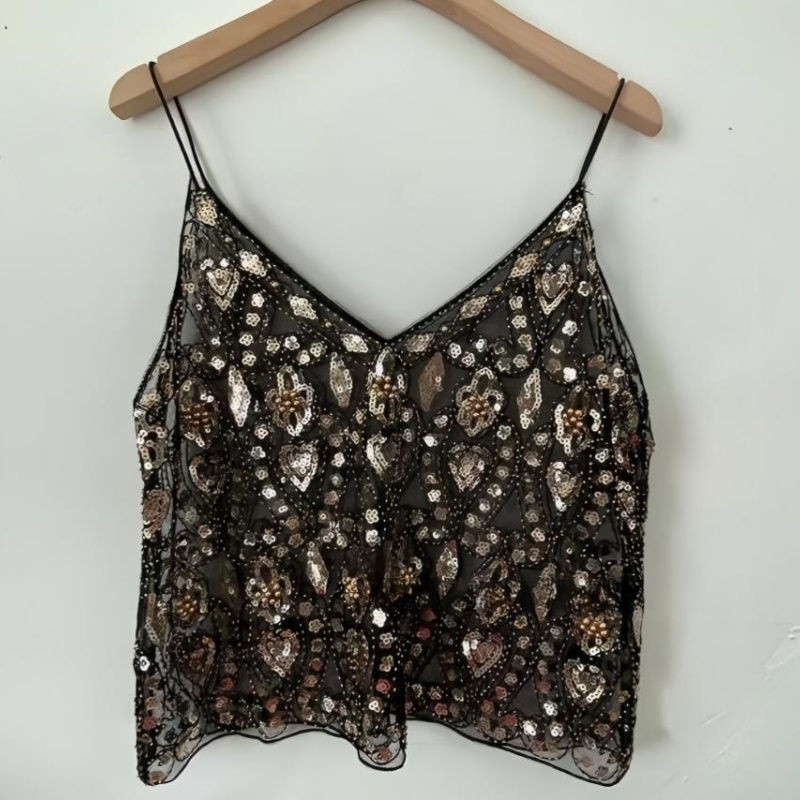 Miniatura: Women's Hot Sweet Sequin Bead Crop Tops Sexy Sling Slim Fit Short V-neck Straigh