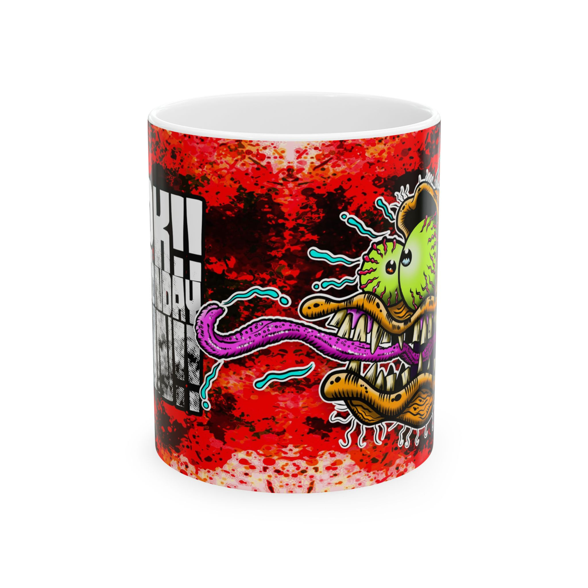 Grunge Monster Ceramic Mug — Bold Red Horror Art Coffee Cup (11oz & 15oz)