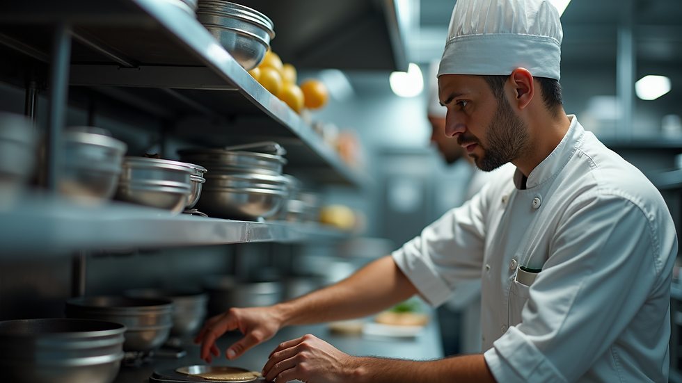 Close-up view of a chef inspecting commercial kitchen equipment