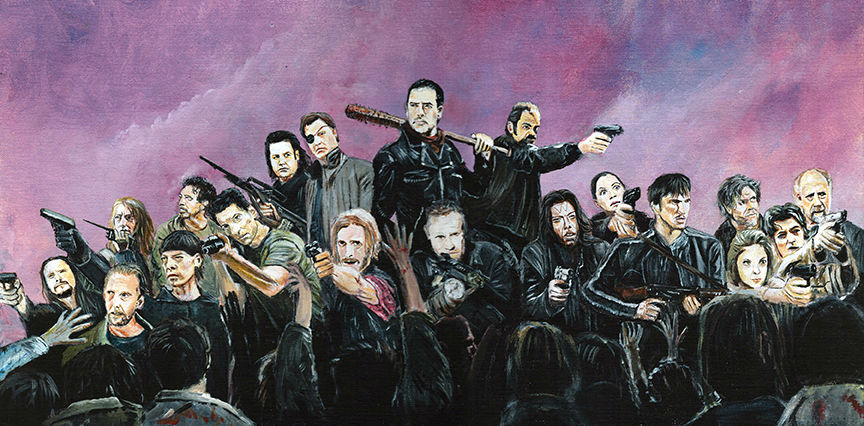 various walking dead villains with walker zombies front view
