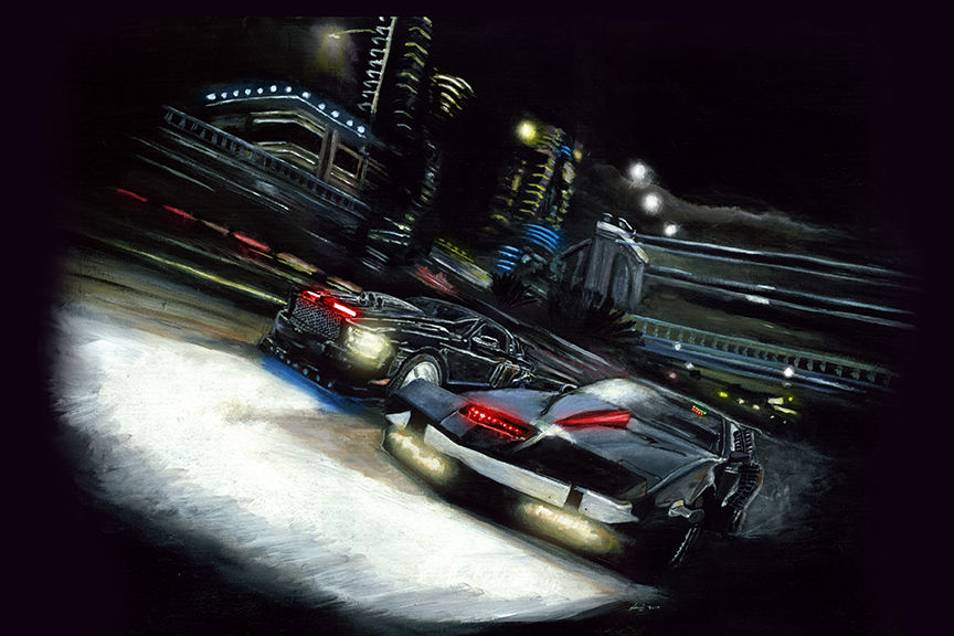 Super Pursuit Mode Pontiac KITT and Attack Mode Mustang KITT racing