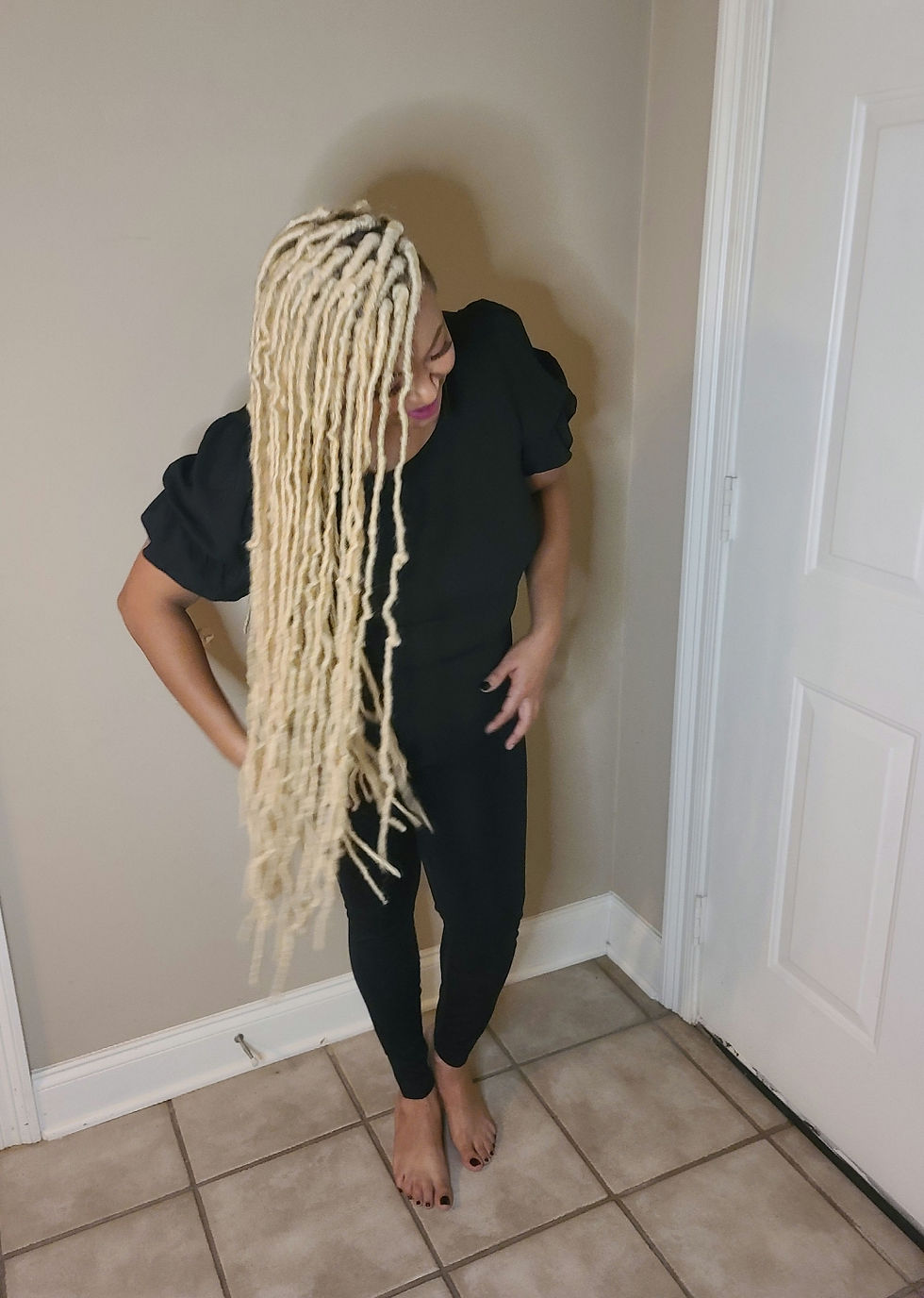 Thumbnail: Women's Black Blouse with Puffy Short Sleeve 
