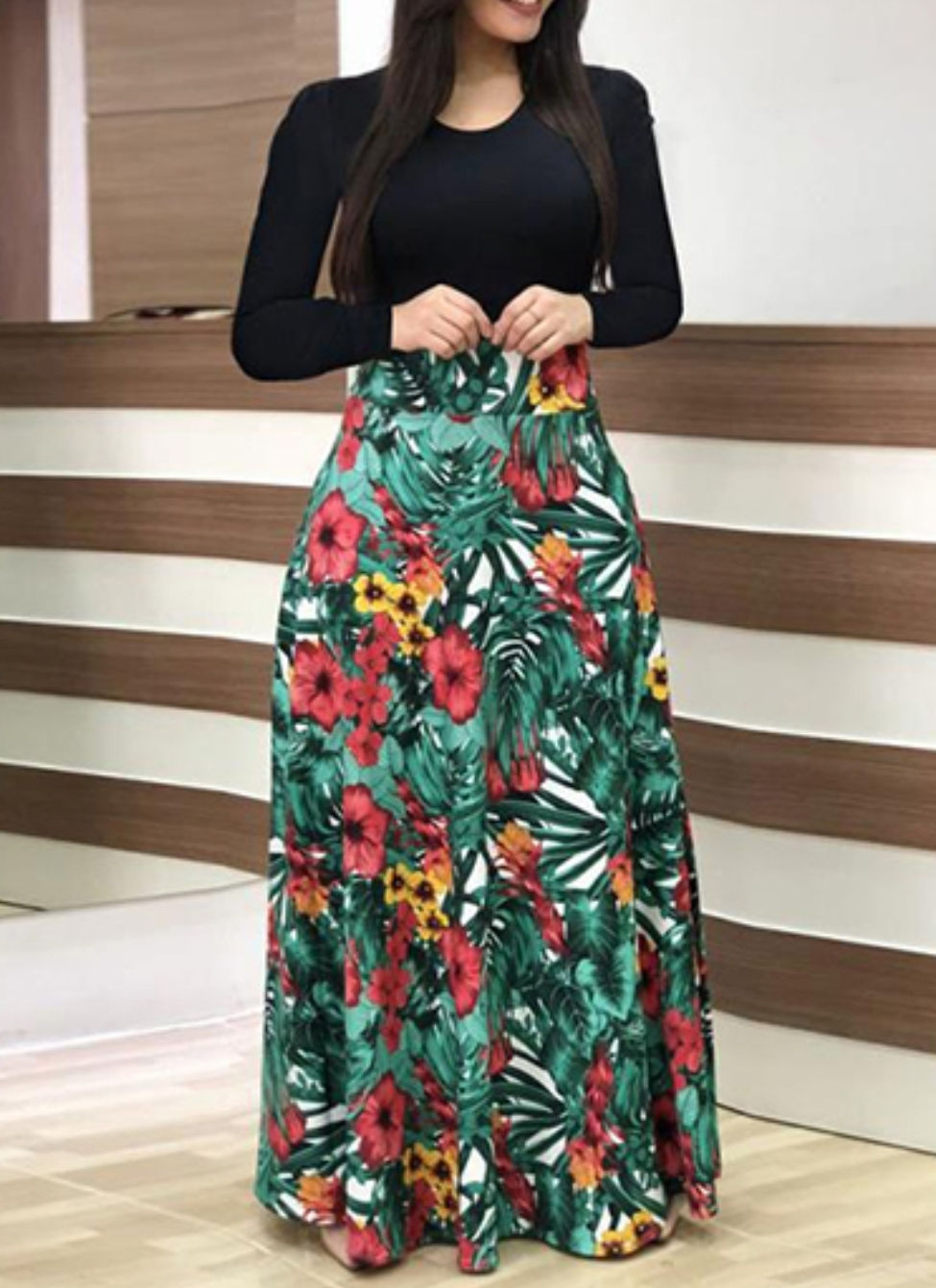 Thumbnail: Women's Two Tone Long Sleeve Maxi Dress